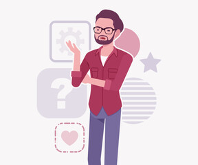 Modern businessman, smart startupper speech pose. Small business company developer, founder entrepreneur, handsome freelance male vector flat style cartoon illustration, abstract creative background