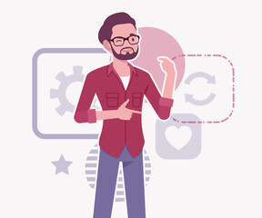 Modern businessman, smart startupper speech giving pose. Small business company developer, founder entrepreneur, handsome freelance vector flat style cartoon illustration, abstract creative background