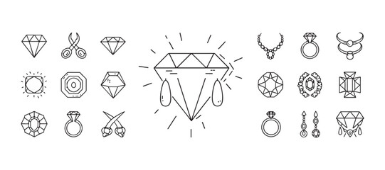 thin line icon set featuring diamonds, gemstones, and jewelry

