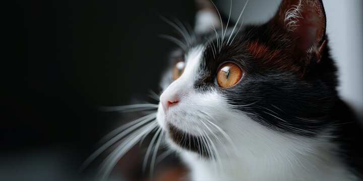 Close-up of curious black and white cat staring with orange eyes - Powered by Adobe