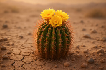 Vibrant round cactus with three bright yellow flowers blooming in cracked arid desert environment during warm daylight