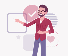 Modern businessman, smart startupper spokesperson pose. Small business company developer, founder entrepreneur, handsome freelance vector flat style cartoon illustration, abstract creative background