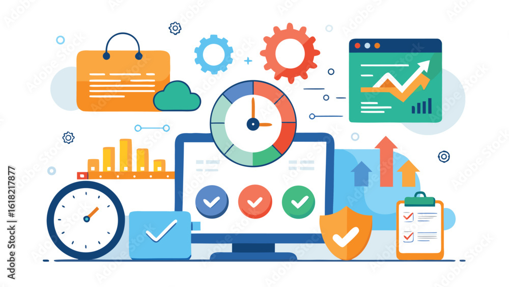 Poster business productivity and time management flat design with charts and progress indicators featuring 