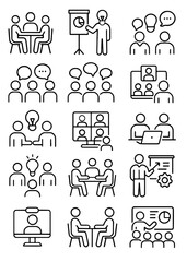 A collection of line art icons depicting business meetings, presentations, and team collaboration scenes