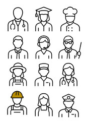 A collection of twelve minimalist line art icons depicting various professions and occupations in black and white