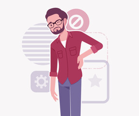 Modern businessman, smart startupper back ache pose. Small business company developer founder entrepreneur, handsome freelance male vector flat style cartoon illustration, abstract creative background