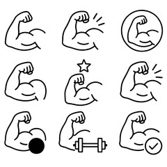 Collection of nine arm muscle icons showing strength and fitness with different symbols and designs