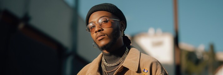 Stylish young african male in beanie and sunglasses outdoors