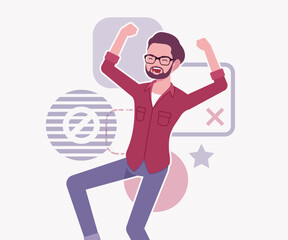 Modern businessman, smart startupper happy winner pose. Small business company developer, founder entrepreneur, handsome freelance vector flat style cartoon illustration, abstract creative background