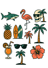 A collection of summer themed illustrations featuring tropical elements and beach related items