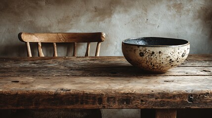 Warm rustic farmhouse kitchen interior with wooden table and ceramic bowl, wide blank wall in background perfect for food presentation, recipe design, or lifestyle concepts.