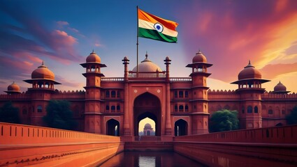 Majestic Indian Fort: Historic Red Sandstone Palace with National Flag Flying at Sunset
