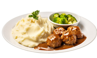food photography, shows a classic white dinnerplate with a warm, freshly served dinner plate in focus. The plate holds a hearty meal of swedish meatballs, mashed potatoes with gravy, and stea