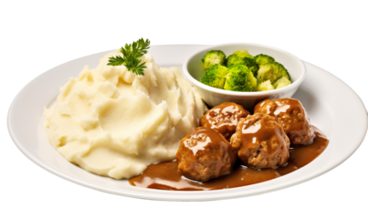 food photography, shows a classic white dinnerplate with a warm, freshly served dinner plate in focus. The plate holds a hearty meal of swedish meatballs, mashed potatoes with gravy, and stea