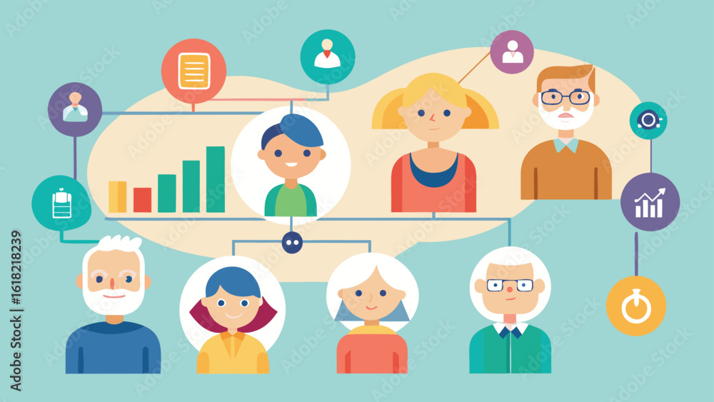 Poster business team organization chart flat vector style illustration with people icons and business data 