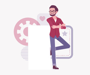 Modern businessman, smart startupper copy space adv lean pose. Business company developer, founder entrepreneur, handsome freelance vector flat style cartoon illustration, abstract creative background