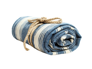 A rolled beach towel tied with a rope, cotton loops and pattern stripes visible, on white background
