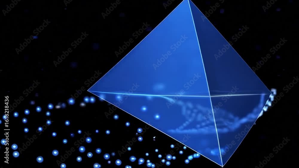Poster a blue 3d geometric shape on a dark background with floating small spheres