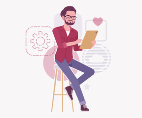 Modern businessman, smart startupper clipboard holding pose. Business company developer, founder entrepreneur, handsome freelance vector flat style cartoon illustration, abstract creative background