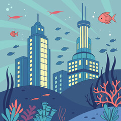 Submerged Metropolis: An artistic representation of a vibrant city nestled beneath the ocean's surface, blending architectural marvels with marine life.