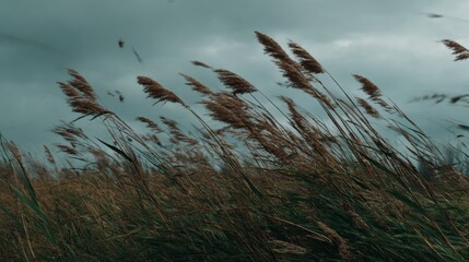 Fototapeta premium A field of tall grasses swaying violently in the wind, with dust and leaves being carried along, demonstrating high wind speed and natural movement