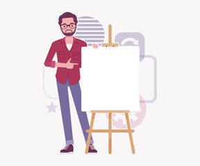 Modern businessman, smart startupper empty easel board pose. Business company developer, founder entrepreneur, handsome freelance vector flat style cartoon illustration, abstract creative background