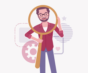 Modern businessman, smart startupper magnifier look pose. Business company developer, founder entrepreneur, handsome freelance vector flat style cartoon illustration, abstract creative background