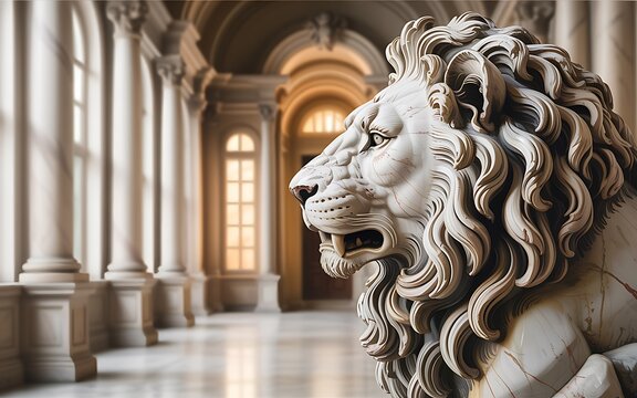 White marble lion sculpture in grand hall with columns and arched windows statue image - Powered by Adobe
