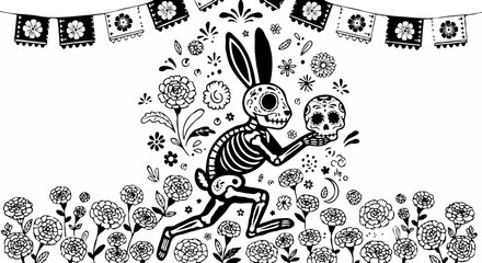 "Skeleton Rabbit Running in Day of the Dead Decorative Style"