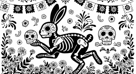 "Skeleton Rabbit with Skull in Day of the Dead Artwork"