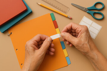 Person organizing documents with colored tabbed dividers, blank labels, notebooks, and stationery for efficient office or school work