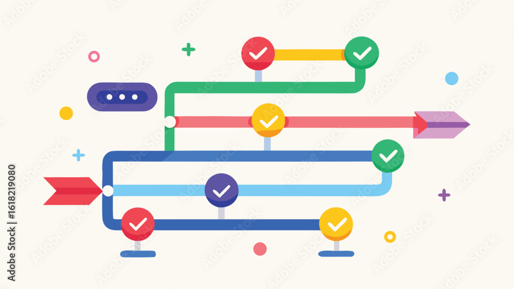 Aufkleber colorful flat style process flow chart illustrating business workflow and strategic project manageme