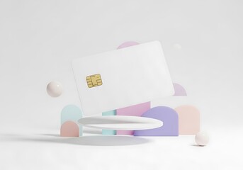 Creative Still Life of a Blank White Credit Card with Pastel Geometric Shapes for Modern Finance Themes