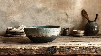 Rustic farmhouse kitchen table with ceramic bowl and wide blank wall background, perfect for culinary design, recipe presentation, or cozy interior lifestyle concepts.