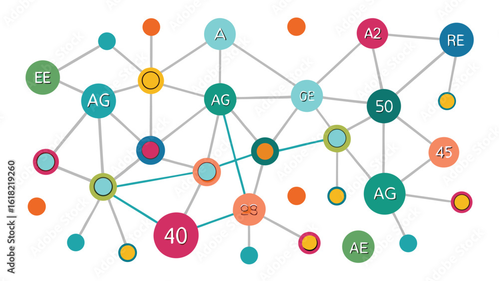 Poster colorful network diagram illustrating connections and relationships between different entities on a 