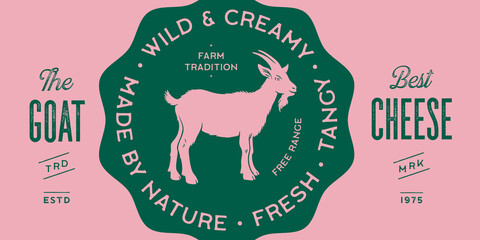 Goat, milk cheese tag label. Template Goat Cheese Milk Tag Label. Vintage print, tag, label farm goat sketch ink pencil draw, engrave old school style. Template tag label. Vector Illustration