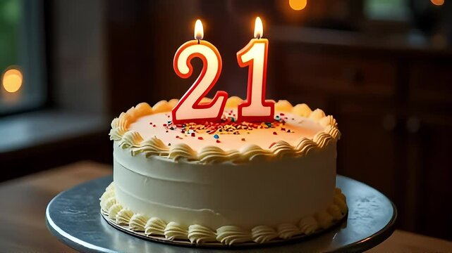Celebrate the milestone 21st birthday with a festive cake and lit candles, marking a special occasion. - Powered by Adobe