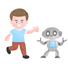 Boy enjoys playing with robots