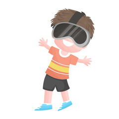boy wearing a Metaverse mask and funny by connecting real and virtual worlds,  VR glasses, Virtual reality concept