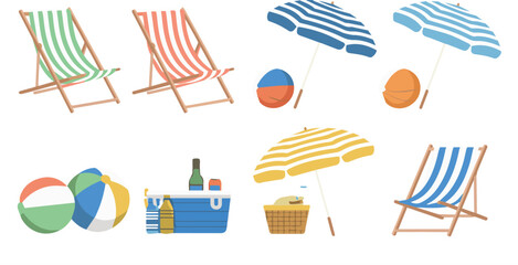 Illustration of beach chairs umbrellas beach balls cooler and picnic basket on a blue background