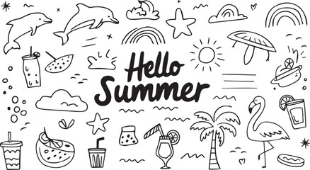 Black and white summer themed doodles with dolphins and palm trees and the words hello summer