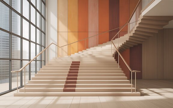 Wide light wood staircase with warm toned vertical wall panels and metal banisters interior architecture