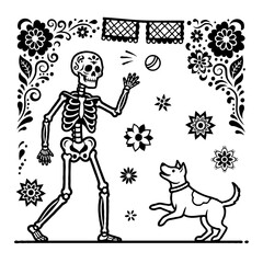 Fototapeta premium Day of the dead skeleton playing ball with dog for Day of the Dead celebration. Day of the dead skeleton design displays cultural tradition with playful scene involving dog and throwing ball.