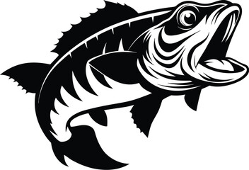 Bass fish silhouette, jumping bass vector, freshwater fish art, fishing icon, aquatic animal graphic