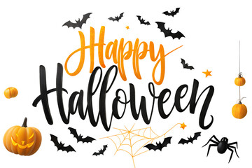 Happy halloween text with pumpkins, a spider, and bats flying around, isolated on a transparent background