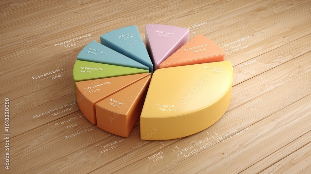 Poster a flat lay of a colorful d pie chart on a light wooden table, illustrating the breakdown of financia