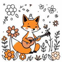 Cute Illustration of a Fox Playing a Guitar