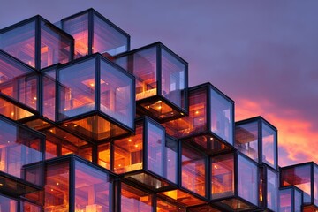 As glass blocks disintegrate into space, the scene captures the dynamic flow and reformation of data in a tech driven world.