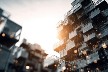 As glass blocks disintegrate into space, the scene captures the dynamic flow and reformation of data in a tech driven world.