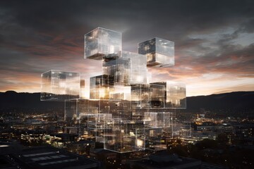 As glass blocks disintegrate into space, the scene captures the dynamic flow and reformation of data in a tech driven world.